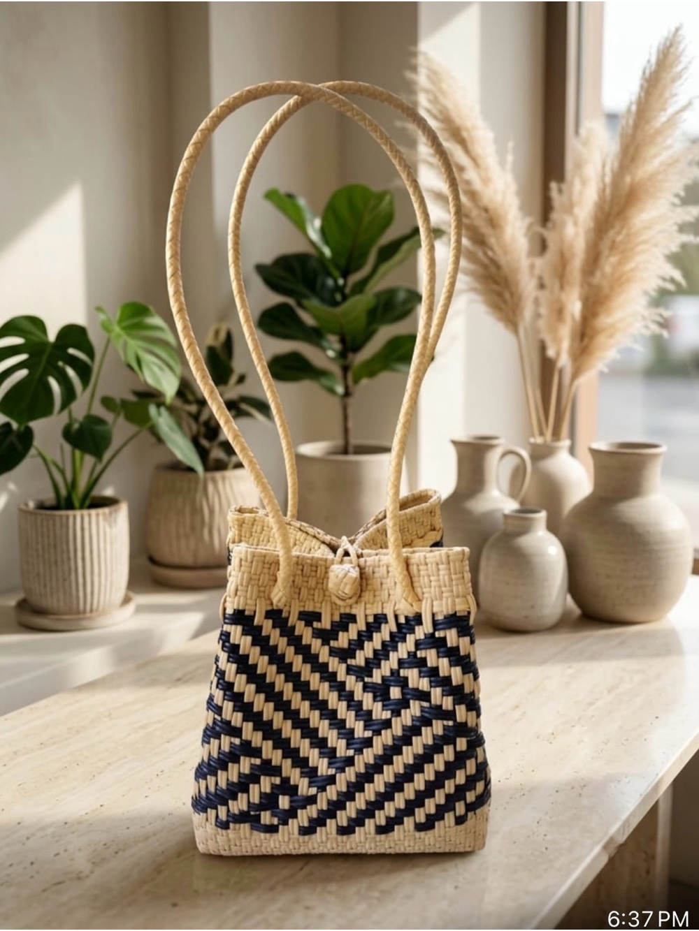 Woven Straw Tote Bag with Navy Pattern - Natural
